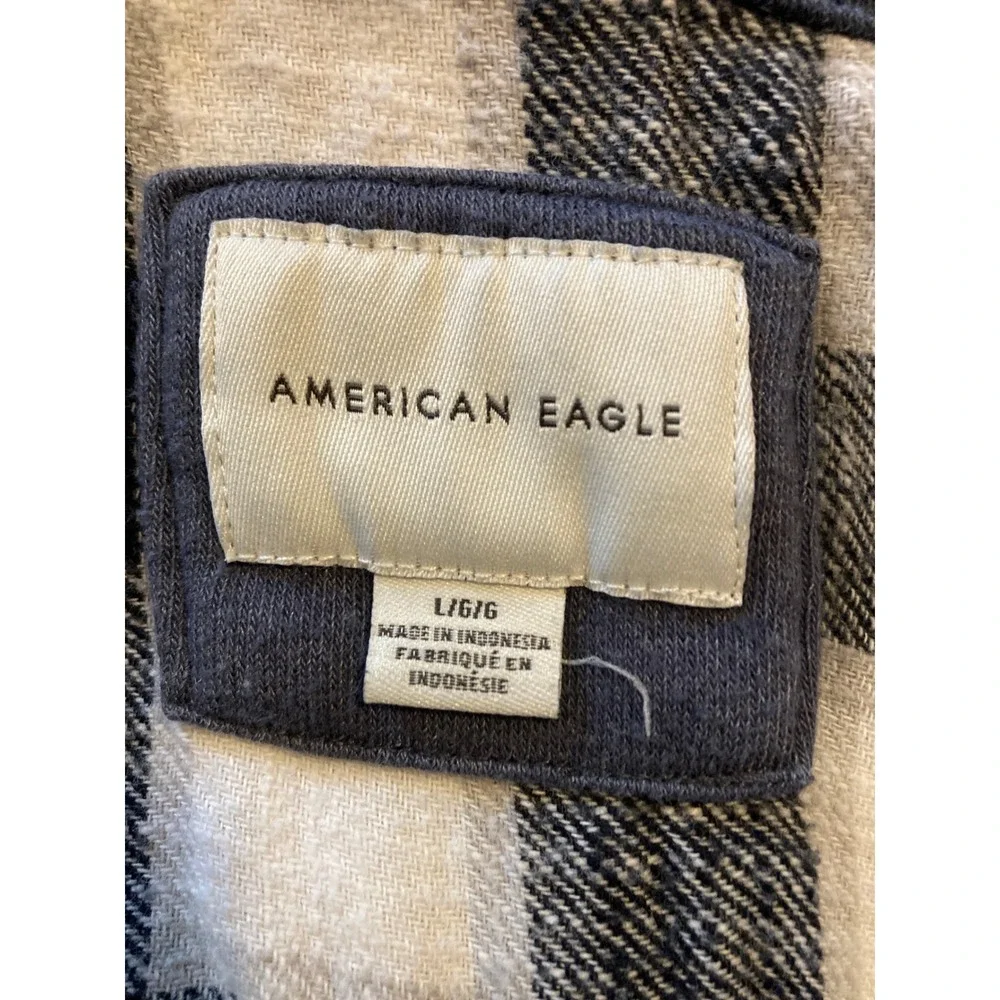 American Eagle Cropped Flannel Hooded Shirt Buffalo Plaid Black‎ White Large